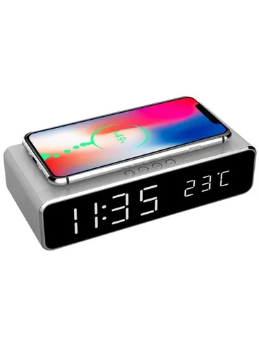 Gembird Digitaler Wecker mit kabelloser Ladefunktion silber