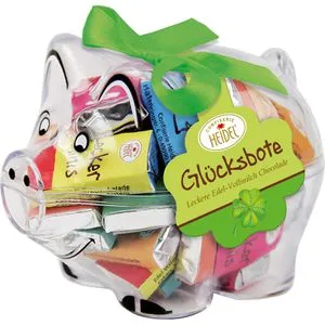 Heidel Geschenkset Schwein Glücksbote, Sparschwein mit Minischokoladen