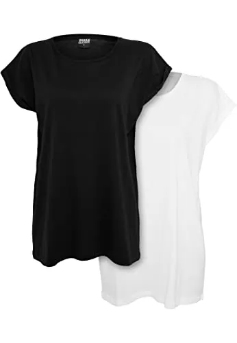 Produktbild Urban Classics Damen Extended Shoulder Tee 2er Pack – Baumwoll T-Shirt mit überschnittenen Schultern, Loose Fit Basic für Alltag, Freizeit & Streetwear,2er Pack (1x Black, 1x White),5XL