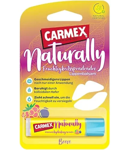 Carmex Naturally Stick Beere - Lippenpflege für trockene Lippen, Lippenbalsam feuchtigkeitsspendend und beruhigend für rissige Lippen, mit Rizinusöl, Vitamin E und Bienenwachs - (1 x 4,25 g)