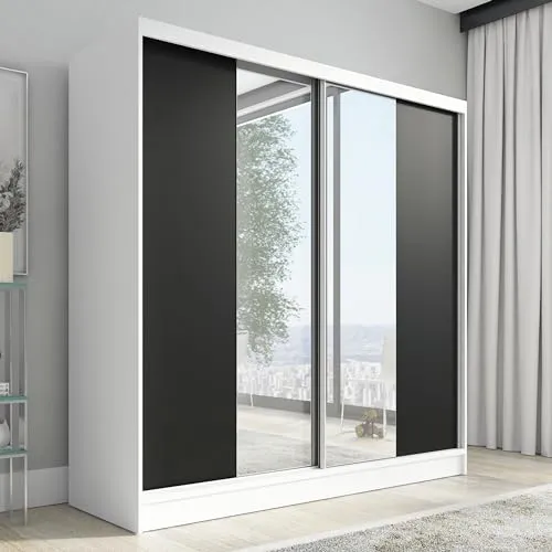 A&J MöbelLand Schwebetürenschrank Solo Kleiderschrank 2-türig mit Spiegel Garderobenschrank 200 cm (Weiß)