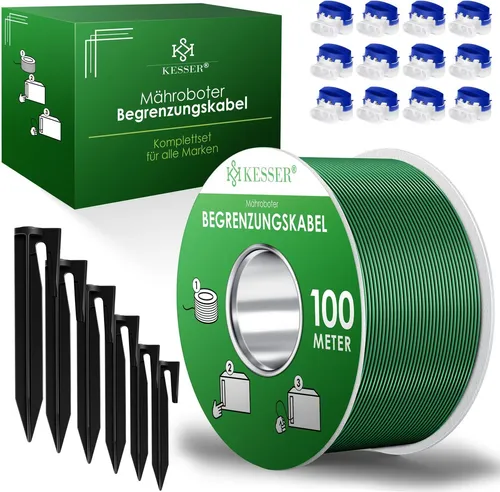 KESSER® Begrenzungskabel 100m Set für Mähroboter - Mähroboterzubehör mit 350 Erdspießen und 12 Kabelverbindern, für eine einfache und stabile Installation eines unsichtbaren Zauns, kompatibel mit allen gängigen Mährobotermarken.