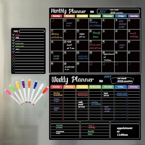 Magnetische Monatstafel für Küchenkühlschrank mit 8 farbigen Kreidemarkern, 40,6 x 30,5 cm, trocken abwischbar, Wochenplaner und Einkaufsliste, Notizblock, Kreidetafel für Kühlschrank, Schwarz