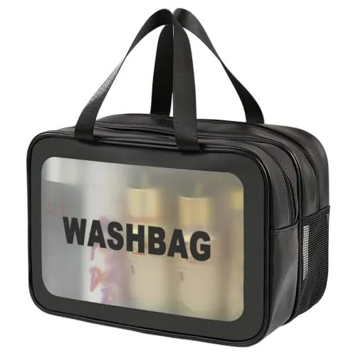 SZDPC Groß Kulturbeutel Damen & Herren, Reise Kulturtasche mit Tragegriff, matt durchscheinende Duschtasche (Black-XL)
