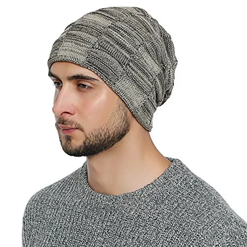DonDon Mütze Herren Wintermütze Slouch Beanie Strickmütze mit warmen Fleece Innenfutter beige schwarz