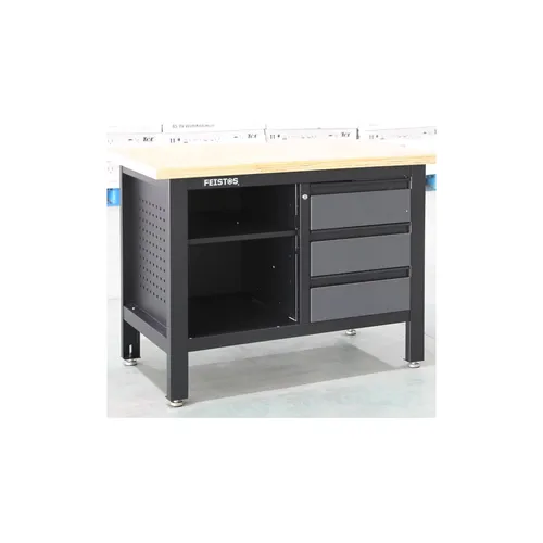 FEISTOS Werkbank Titos 2 - Anthrazit/Schwarz, 120x60x87 cm - Werkbank mit pulverbeschichtetem Stahlblech und robuster Sperrholz-Arbeitsplatte, ideal für Hobbyhandwerker. 3 abschließbare Schubladen bieten Sicherheit und Stauraum.