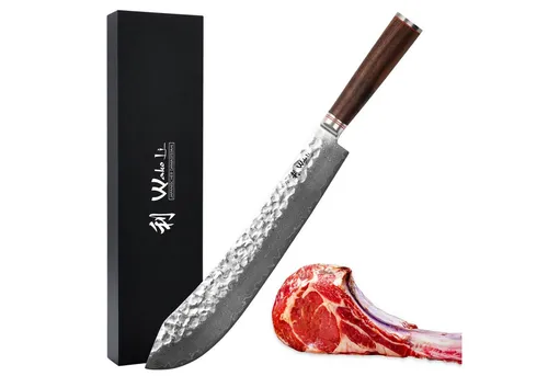 Wakoli Nussbaum Damastmesser Blockmesser 35 cm - Kochmesser aus 67 Lagen Damaststahl, rasiermesserscharf und mit ergonomischem Nussbaumgriff für müheloses Schneiden und ein einzigartiges Design.