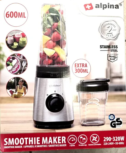 alpina Smoothie Maker Mixer 300W - Edelstahl Smoothie Mixer mit 2 Bechern - Standmixer mit 300W Leistung, 2 Geschwindigkeiten und Pulsfunktion. Inklusive 300ml und 600ml Bechern, ideal für gesunde Smoothies zu Hause und unterwegs.