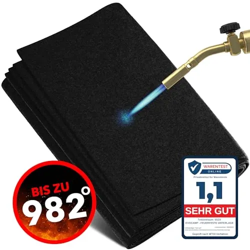 EVOCAMP Feuerfeste Unterlage 100x100 cm - Hitzeschutzmatte bis 982 °C - Feuerlöschdecken, hitzebeständig bis 982 °C, ideal für sicheres Schweißen und Löten, schützt vor Funken und flüssigem Metall.