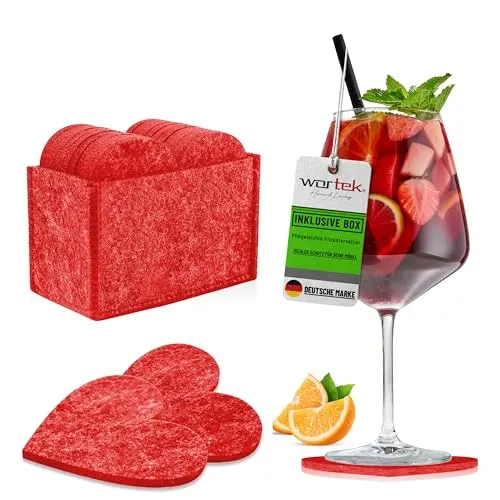 wortek Filz Untersetzer Gläser Rot in Herzform – 10er Set mit Aufbewahrungsbox, Glasuntersetzer für Getränke, Tassen, Bar, Glas - Ø 10cm Tischuntersetzer Filzuntersetzer Gläser