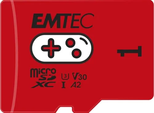 EMTEC MicroSDXC Gaming Karte 1 TB UHS-I U3 V30 A2, hohe Geschwindigkeit bis zu 100 Mb/s, kompatibel mit Nintendo Switch, Wyze, GoPro, Smartphones, Tablets, Sicherheitskameras, Drohnen, 4K-Videos, Rot