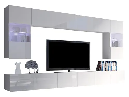 Mirjan24 Moderne Wohnwand Calabrini I, Anbauwand, Mediawand, Hängevitrine, TV Lowboard, Wandregal, Wohnzimmerschrank, Fernsehschrank (mit Blauer LED Beleuchtung, Weiß/Weiß Hochglanz)