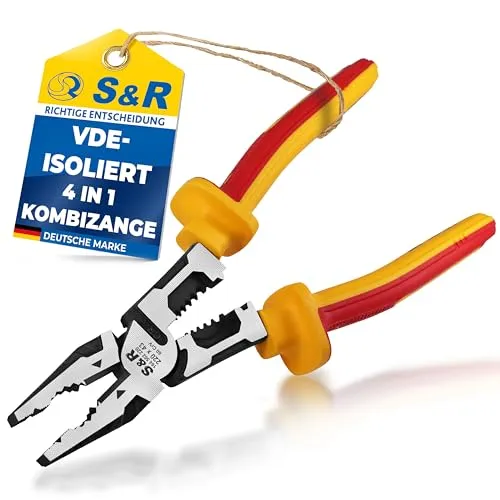 S&R Kombizange 220mm VDE-isoliert 1000V, Elektrikerzange 60CrV-Stahl gesenkgeschmiedet, Universalzange Profi für Kupfer Aluminium Draht AWG10-18