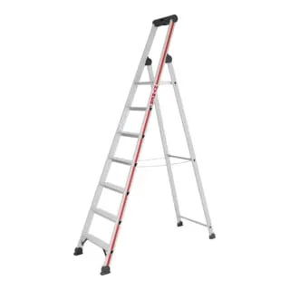 Hymer Alu Stufenstehleiter 3-8 Stufen - Robuste Aluminiumleiter mit bis zu 8 Stufen, inklusive praktischer Ablageschale und Eimerhaken - ideal für sicheres Arbeiten in Haus und Garten.