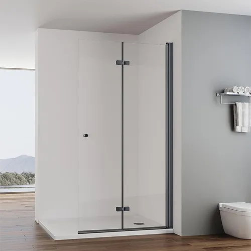 IMPTS Walk-in Dusche Duschkabine 80 x 185cm Falttür Duwschwand Mattschwarz Duschtrennwand 6mm ESG Glaswand Duschabtrennung Drehfalttür Faltdusche