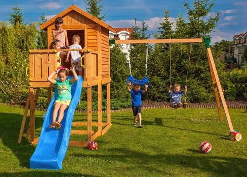 FUNGOO Spielturm My HOUSE Move+ mit Schaukel & Rutsche - Spieltürme für Kinder von 3-10 Jahren, inkl. Rutsche und höhenverstellbaren Schaukeln, fördert Bewegung und Spaß im Garten.
