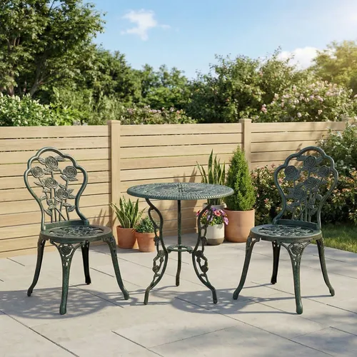 Outsunny Bistroset 3-TLG. Antik Grün – Gartenmöbel für zwei - Dekoratives Bistroset aus Gussaluminium mit antikem Blumenmuster. Ideal für entspannte Stunden im Garten, stabil und wetterfest. Ergonomische Stühle für hohen Komfort. Maße: Stuhl B49 x T40 x H82 cm, Tisch Ø60 x H69 cm.