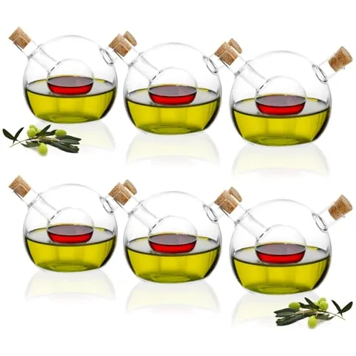 com-four® 6x Öl- und Essigflasche mit Korken - leere 2 in 1 Glaskaraffe zum Befüllen - edle Glasflasche mit Einsatz und 2 Öffnungen 42 ml, 300 ml - Öl- und Essigspender Ø 10 cm (6 Stück - 2 in 1)