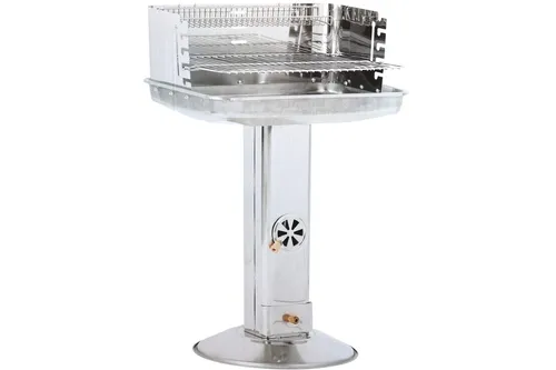 Kynast Edelstahl Säulen Grill Family Star - Holzkohle Säulengrill 90 cm - Eckiger Holzkohle-Säulengrill mit Warmhalterost, ideal für gesellige Grillabende im Garten oder auf der Terrasse.