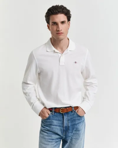 Gant Herren REG Shield LS Pique Rugger - Klassisches Langarm Poloshirt in Weiß, Größe L - Poloshirt für Herren mit Knopfleiste, kleinen Seitenschlitzen und grafischer Gant-Stickerei auf der Brust für einen stilvollen Look.