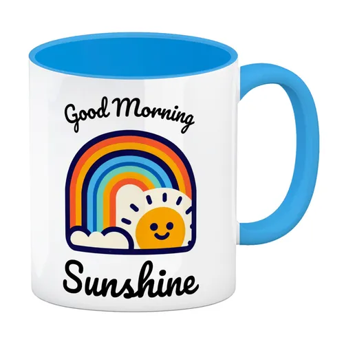 Regenbogen und Sonne Kaffeebecher in hellblau mit Spruch Good Morning Sunshine