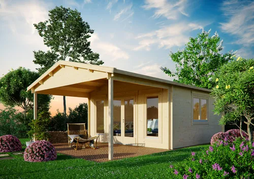 Gartenhaus Modell Julia 44 D – Stabil und Vielseitig - Massives Gartenhaus mit 44mm Wandbohlen aus nordischer Fichte, stabiler Dachkonstruktion und hohen Doppeltüren. Ideal für die kreative Gartennutzung und individuell anpassbar.