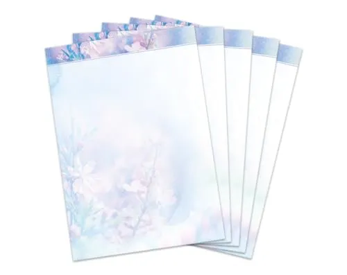 Briefbögen DIN A4, beidseitig per Hand beschriftbar und mit allen Druckern und Kopierern bedruckbar für Einladungen Briefpost Firmenpost Urkunden Zertifikate, Kirschblüten in zartem Blau 25