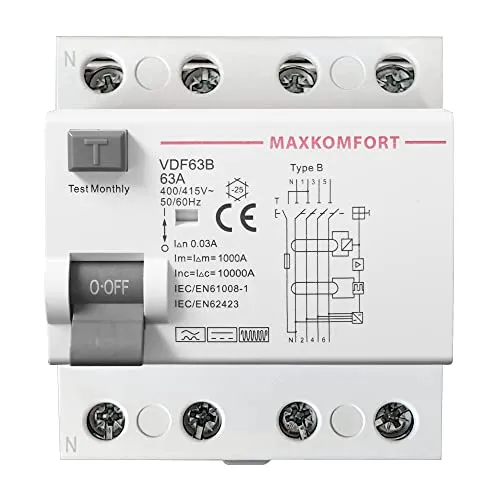 FI-Schutzschalter Typ B 63A 30mA 4Polig - Allstromsensitiver Fehlerstromschutzschalter, ideal für E-Ladestationen, Wärmepumpen und Klimaanlagen. Hohe Sicherheit mit 30mA Bemessungsfehlstrom.