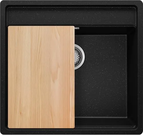 PRIMAGRAN Spülbecken Schwarz Metallic 56x53cm - Bergen S037 - 1 Becken Granitspüle mit großem Becken für viel Geschirr, kratzfest und thermisch schockbeständig, ideal für Unterschränke ab 60 cm, inkl. Ablauf-Set und Schneidebrett.