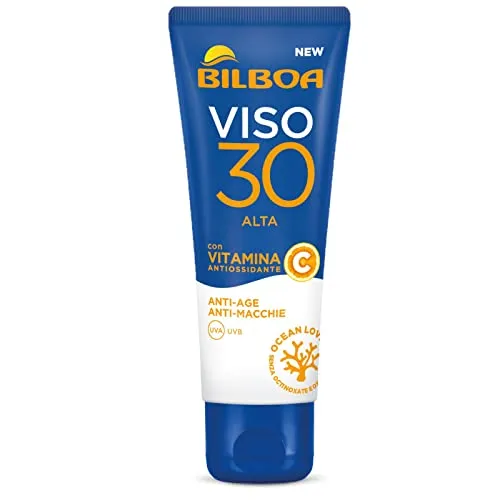 Bilboa Sonnengesichtscreme mit LSF 30 Schutz, Creme mit Vitamin C, leichte Textur, Anti-Aging und Anti-Flecken-Aktion, Feuchtigkeitscreme, nicht fettend, wasserfester Schutz, 50 ml