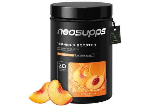 Neosupps Terminus Booster Peach Ice Tea 540g, Pre Workout Booster mit Koffein Pulver, 540 g, Pump & Fokus, geprüfte Qualität, 8.000 mg L-Citrullin, Vegan