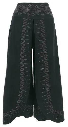 GURU SHOP Palazzohose, Bedruckte Boho Sommerhose für Damen - Schwarz, Größe XL - Leichte, von Hand bedruckte Sommerhose mit elastischem Bund. Ideal für Strand, Freizeit und Yoga. Individuelle Ornamente sorgen für einen einzigartigen Look und höchste Bewegungsfreiheit.