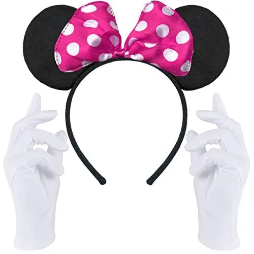 Hatstar Haarreifen in schwarz mit Maus Ohren mit Schleife in pink + weiße Handschuhe | Haarschmuck für Kinder & Erwachsene | Kostüm Accessoire für Fasching & Karneval