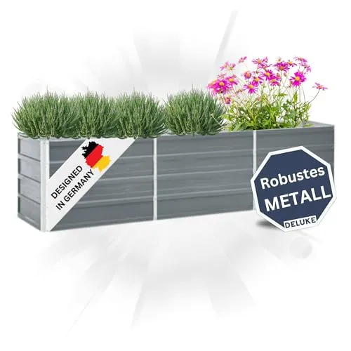 DELUKE Hochbeet für Garten Oskar Grau | 240x40x45cm | Verzinkter Stahl | Wetterfest | Gartenbeet Kräuterbeet Blumenbeet Beet hoch Frühbeet für Garten Gemüsebeet