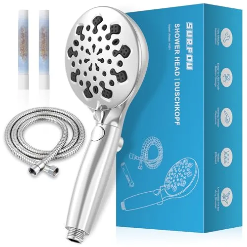 SURFOU Duschkopf mit Schlauch, Wassersparend Duschbrause mit 2 Filters, 10 Strahlarten Shower Head, Hochdruck-Handbrause, Mehrstufige Antikalk-Funktion, Ideal für Hartes Wasser, 1.5m Brauseschlauch