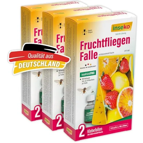 inseko 3X Fruchtfliegenfalle Set – Effektive Obstfliegenfalle für die Küche - Effektives Set zur Bekämpfung von Fruchtfliegen mit hochwertigem Lockmittel und zwei Klebefallen. Einfach zu handhaben, dekorativ und umweltfreundlich – für eine saubere Küche ohne Chemie.
