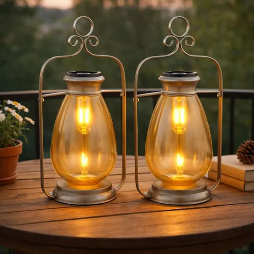 Solarlampe LED Gartenleuchte 2er Set - Amber Glas - Wetterfeste Solarlampe für den Außenbereich im antiken Design. Ideal für Garten, Terrasse und Balkon, sorgt für stimmungsvolles warmweißes Licht. Inklusive Akku für bis zu 8 Stunden Leuchtdauer.