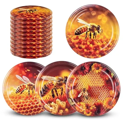 KADAX Schraubdeckel fi82 mm x 10st, Twist-Off-Deckel Set aus Metall, Ersatzdeckel für Einmachgläser, Deckel mit 6 Einrastzähnen fürsturzgläser und Einmachgläser (Orange Biene, 10stück)