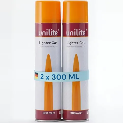 UNILITE® Feuerzeuggas 2 x 300ml mit 6 Adapter – Nachfüllgas für Gasfeuerzeug, Sturmfeuerzeug, Küchenbrenner & Stabfeuerzeug | Butangas Gaskartusche
