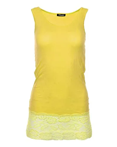 Easy Young Fashion - Damen Trägertop mit Spitzensaum - langes Unterziehshirt Skinny Fit 0518 (Gelb M/L)