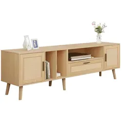 OKWISH TV-Schrank Rattan Dekoration 180x48x60 für 80 Zoll Fernseher, Kabelmanagement, Eiche mit 2 Türen und 1 Schublade