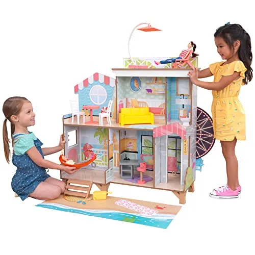 KidKraft Riesenrad Strandhaus Puppenhaus aus Holz mit Möbeln und Zubehör, Spielset mit Hängematte und Strandstuhl für 30 cm Puppen, Spielzeug für Kinder ab 3 Jahre, 20053