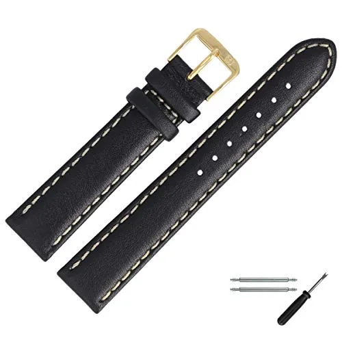 MARBURGER Uhrenarmband 22mm Leder Schwarz Gold Glatt Mit Naht - Montage Set 8062210000220