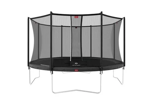 BERG Trampolin Favorit Regular 430 cm grau mit Sicherheitsnetz - Trampolin für Familien mit 4,30 m Durchmesser, ausgestattet mit einem robusten Sicherheitsnetz und hochwertigen GoldSpring Solo-Federn für sanfte, gelenkschonende Sprünge.