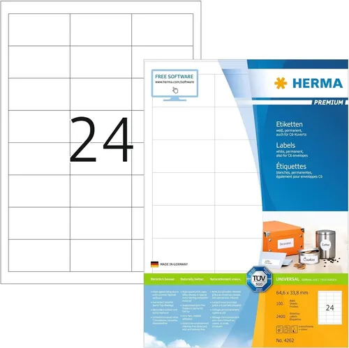 Herma Premium 4262 Etiketten 2400 Stück - Selbstklebende A4-Etiketten, 64,6 x 33,8 mm, ideal für Kopierer und Drucker. 100% recyclingfähig, lösungsmittelfreier Kleber - umweltfreundlich und Made in Germany.