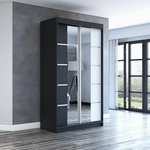 Schwebetürenschrank ERA 120 cm mit Spiegel - Modernes Design in Schwarz/Weiß, ausgestattet mit einem hochwertigen Schiebetürsystem für müheloses Öffnen. Ideal für platzsparende Lösungen in jedem Schlafzimmer.