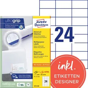 AVERY Zweckform UltraGrip Universaletiketten 3474-200 - Etiketten für vielseitige Anwendungen, selbsthaftend und in hoher Qualität. 5280 Etiketten auf 220 Blatt im praktischen DIN A4 Format (70 x 37 mm) für ein einfaches Beschriften.