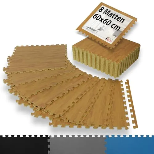 ALPIDEX 8er Set Bodenschutz Sportgeräte Matte 1cm Dicke 60x60 cm Trainingsmatten 2,88 m² Unterlegmatte Pool Fitness Turnmatte Fitnessraum Gymnastikmatte Fitnessmatte Bodenmatte Gummimatte, Holzoptik