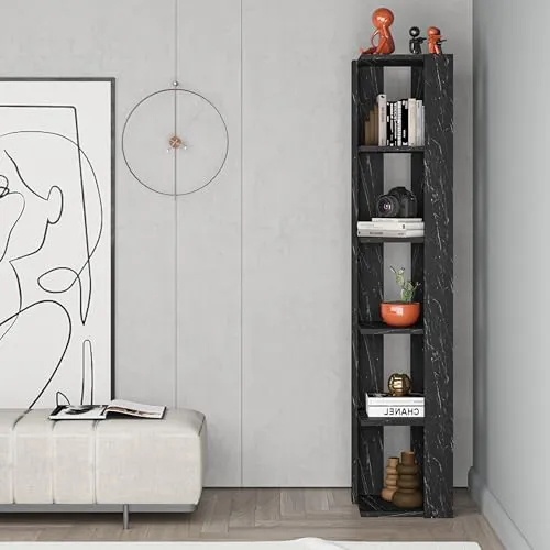 Hocuspicus Hocus Picus Eckregal mit 5 Etagen - Bücherregal mit elegantem schwarzen Marmor-Effekt, einfache Montage und ideale Lösung für stilvolle Bücheraufbewahrung im Wohnzimmer.