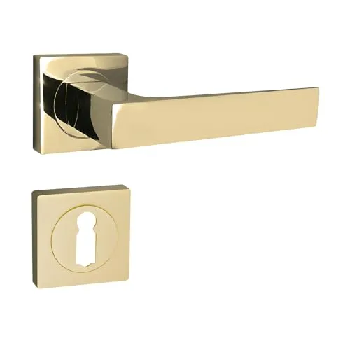 domino Türgriff Drückergarnitur BB-Buntbart Set quadratische Rosette Türklinke für Zimmertür, Bürotür, Kellertür & Innentür Türbeschläge aus Aluminium Messing Gold Türdrückergarnitur QUADRADO-QR M1